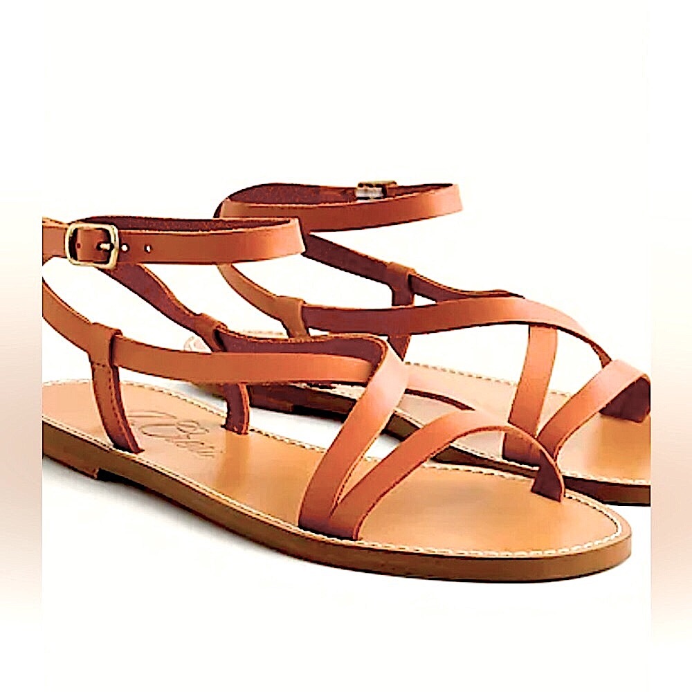 J. Crew Leather Strappy Flat Sandals in Cognac Brown
